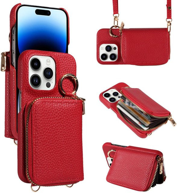 Rui Di Leder Handyhülle mit Kartenfächern und Reißverschluss für iPhone 16 Pro Max 15 14 Plus 13 12 Mini 11 Pro Max inklusive Lanyard und Geldbörse Funktion in Rot - Bild 1