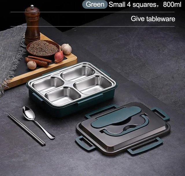 Isolierte Edelstahl Lunchbox von Yiran Furniture mit Besteckfach, auslaufsicher und luftdicht verschließbar, Farbe: Schwarz oder Grün - Bild 1