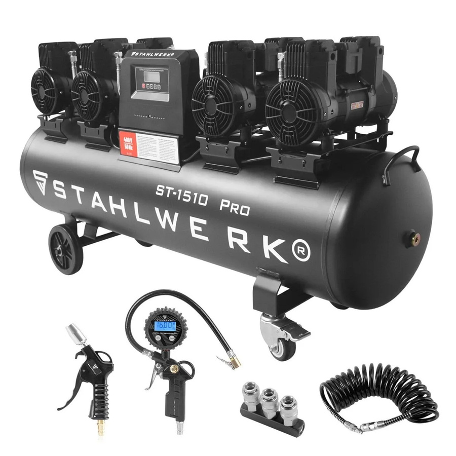 STAHLWERK Kompressor Set mit 150 l Tank und 10 bar Druck, inklusive Reifenfüller, Schlauch, Pistole und Verteiler, Schwarz - Bild 2