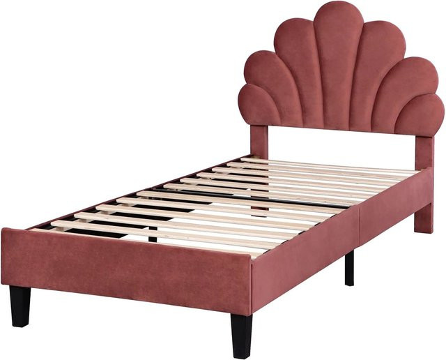 Merax Kinderbett mit Samt-Blumen-Kopfteil in Rot, B/T: 90 x 200 cm - Bild 1