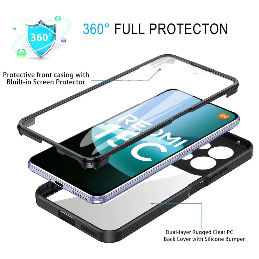 Stoßfeste 360 Grad Schutzhülle mit integriertem Displayschutz für Xiaomi Redmi 15 15C 15A 13 13C 12 A5 169 171 173 4G 5G in Schwarz - Bild 2
