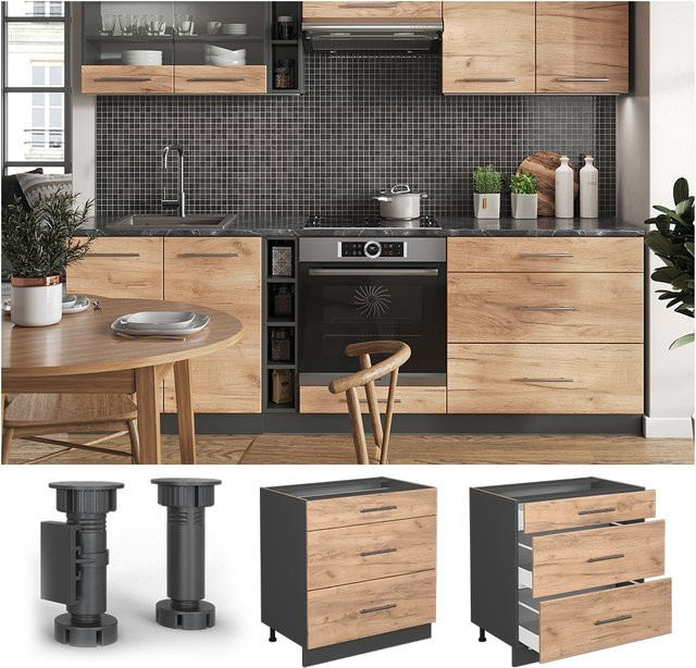 Vicco Küchenunterschrank Fame-Line Goldkraft in Anthrazit und Eiche mit 3 Schubladen, Breite: 80 cm - Bild 1