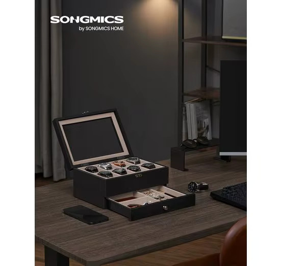 SONGMICS Uhrenbox, Massivholz, Schwarz, 8/12 Fächer, Glasdeckel - Bild 1
