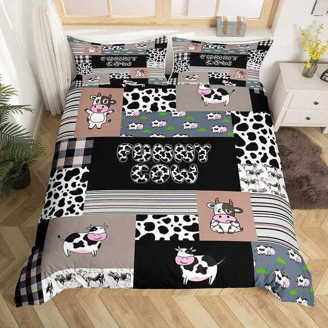 Bettbezug Set mit Kuhdruck in Weiß, 2-teiliges Set aus Polyester mit Cartoon Doodle Zeichnung für Erwachsene - Bild 1
