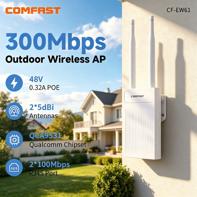 CCOMFAST Outdoor WLAN Access Point 300Mbps 2,4G PoE-Repeater IP66 Wasserdicht mit 5dBi Antenne in Weiß - Bild 1