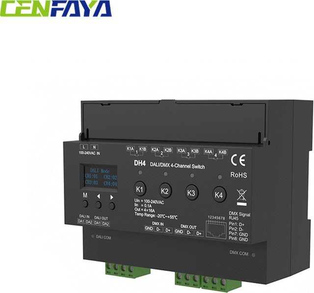 CENFAYA DALI DMX-Schalter mit OLED-Display, 4 Kanäle, 16 A, Trockenkontakt-Ausgang, 4 DALI-Adressen, DMX-RDM, DIN-Schiene, Schwarz - Bild 1
