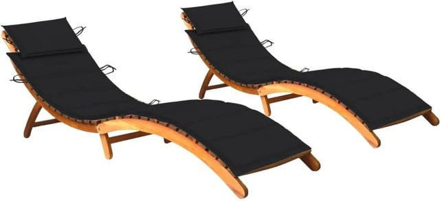 vidaXL Sonnenliegen Set aus 2 Stück aus Massivholz Akazie mit schwarzen Auflagen für Garten und Terrasse - Bild 1