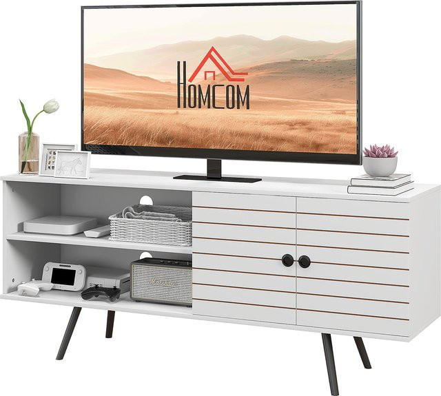 HOMCOM TV-Möbel in Weiß, moderne TV-Bank für Fernseher bis zu 65 Zoll mit 2 offenen Fächern und 1 verstellbarem Regal, B/T/H: 145 x 38 x 65 cm - Bild 1