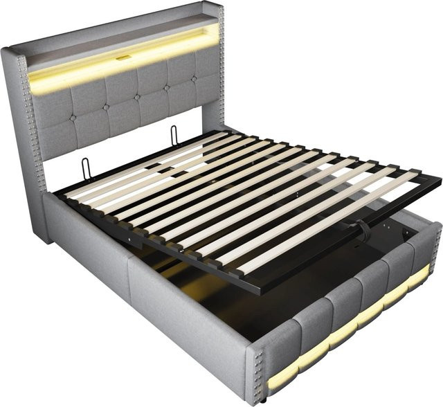 Merax Polsterbett mit LED-Unterbettbeleuchtung, USB-Anschluss und Hydraulik-Lift in Hellgrau, B/T/H: 140 x 200 x 115 cm - Bild 1