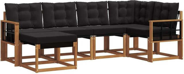 vidaXL Outdoor-Sofagarnitur 6-teilig L-Form aus Akazienholz und Textilene in Schwarz und Natur mit Kissen - Bild 1
