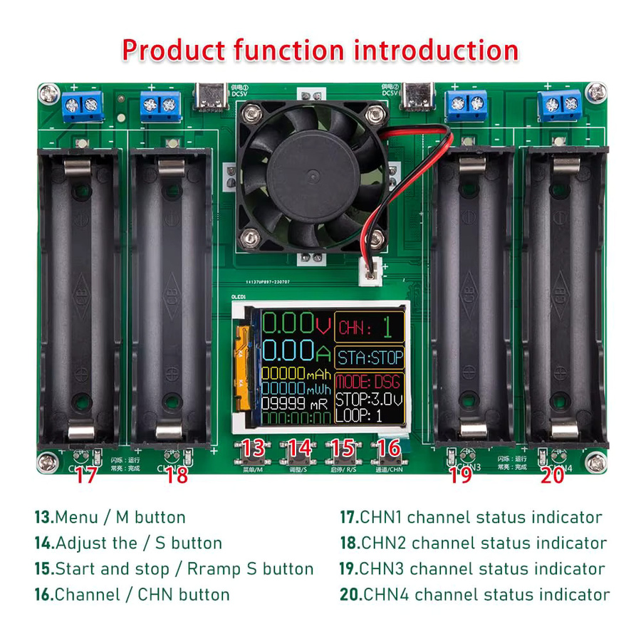 Jarhead USB-C LCD Batteriekapazitätstester mit 4/1 Kanal Display für 18650 Lithium-Batterien in Grün - Bild 3