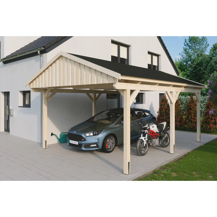 Skan Holz Carport Fichtelberg aus Fichten-Leimholz mit spitzer Dachform und schwarzen Dachschindeln, Farbe: beige, B/T/H: 423 x 566 x 326 cm - Bild 2