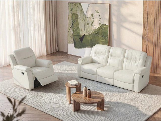 Vente-unique Couchgarnitur Evasion aus Rindsleder mit Sessel in Elfenbein, Breite: 205 cm, Tiefe: 95 cm - Bild 1