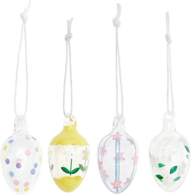 Rico Design Glas Eier als Osterdekoration transparent handbemalt mit Blumen, Früchten und Bienen, 4 Stück, Durchmesser: 3 cm - Bild 1