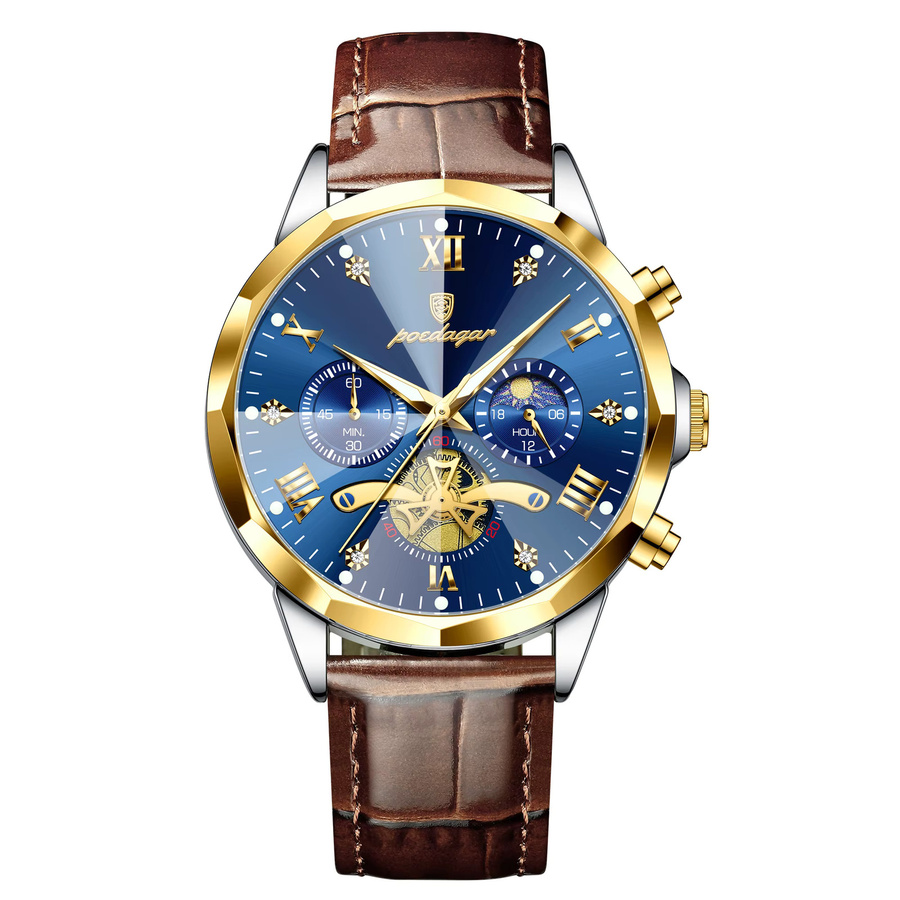 POEDAGAR Armbanduhr Chronograph, Quarz, Leder, Blau, Herren - Bild 7