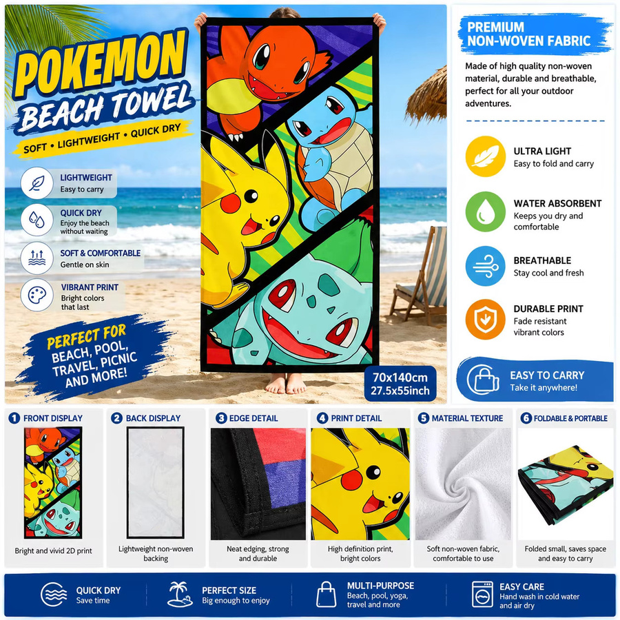 Potdemiel Pokemon Pikachu Strandtuch für Kinder, weich und saugfähig, Mehrfarbig - Bild 2