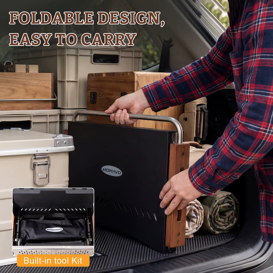 HOMAVO Tragbarer Holzkohlegrill in Schwarz, Kompakter Tischgrill für Camping und Picknick, geeignet für 1-4 Personen, B/T/H: 50,72 x 33,66 x 33,2 cm - Bild 4
