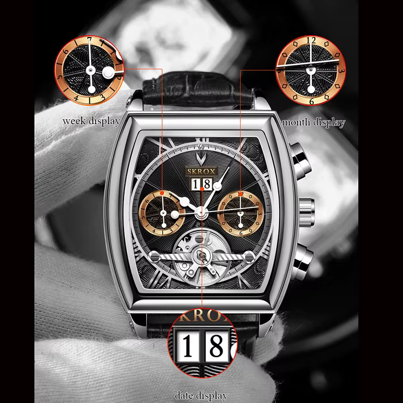SKROX Armbanduhr Tonneau, Automatik, Edelstahl, Leder, Herren, Schwarz - Bild 5