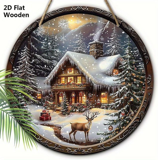 Drasawee Weihnachts-Holzschild Rund mit Elch- und Schneehausmuster in Weiß, Durchmesser: 20 cm - Bild 1