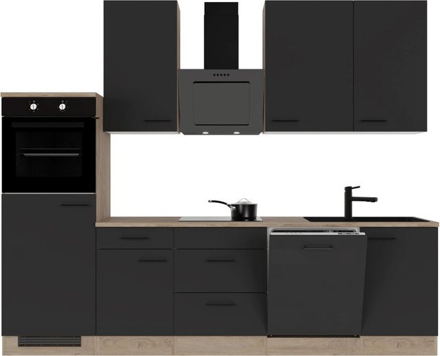Flex-Well Exclusiv Küchenzeile Capri in Schwarz Matt und Endgrain Oak, B: 280 cm, T: 60 cm, H: 85 cm - Bild 1