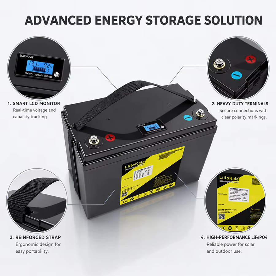 LiitoKala LiFePO4 Batterie 12V 150Ah mit LCD-Display SOC Spannung Strom und BMS in Schwarz - Bild 2
