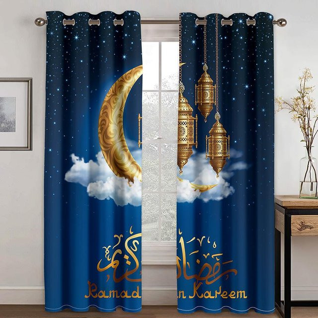 Yiran Furniture Ramadan Kareem Vorhänge im islamischen traditionellen Design, 2er-Set semi-transparent, Polyester, mit Ösen, Breite: 65 cm, Höhe: 60 cm - Bild 1
