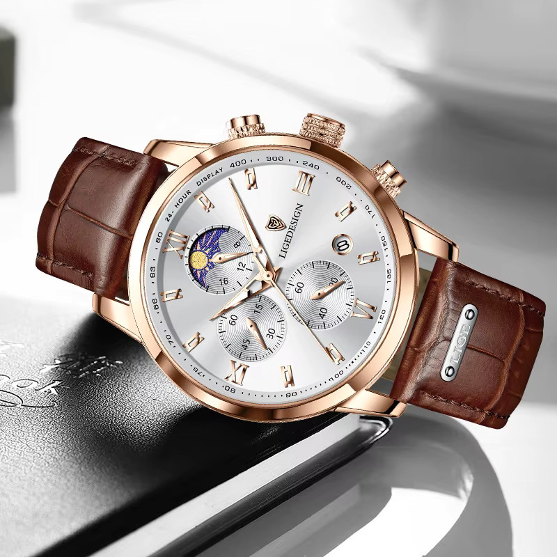 LIGE Armbanduhr Damen, Quarz, Leder, Roségold, Mondphase - Bild 2