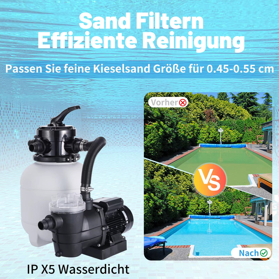 Joybach Sandfilteranlage für Pool mit 250W und 8000L/h, 12 Zoll Sandfilterbehälter in Weiß, effizientes Filtersystem mit 4-Wege-Ventil und Manometer für Aufstellpools und Gartenpools - Bild 8