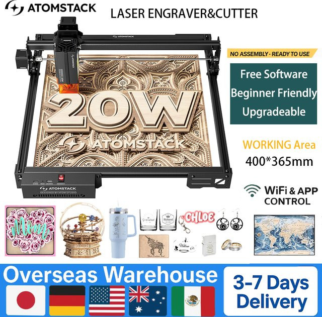 Atomstack A20 Pro V2 20W Lasergravierer Quad-Laser-Cutter mit WLAN-Konnektivität in Schwarz für Metall, Holz, Acryl und Glas - Bild 1