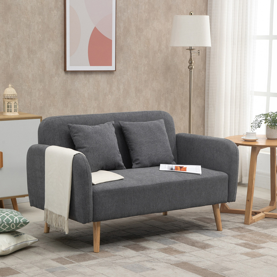 HOMCOM Doppelsofa Loveseat aus grauem Samt-Polyester mit Kissen und einstellbaren Fußrasten, 2-Sitzer mit Gummiholzgestell und Schaumstofffüllung - Bild 2