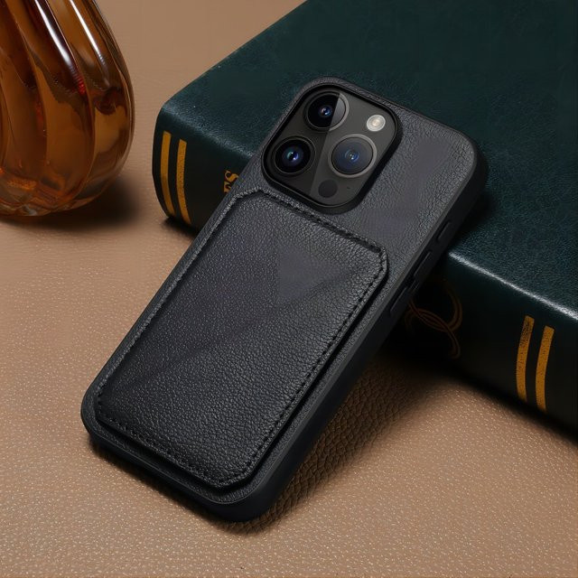 Denior Handyhülle aus Imitation Rindsleder für iPhone 15/14/13/12 Pro Max und weitere Modelle, Schwarz, mit Kartenfach und stoßfester Einlage - Bild 1