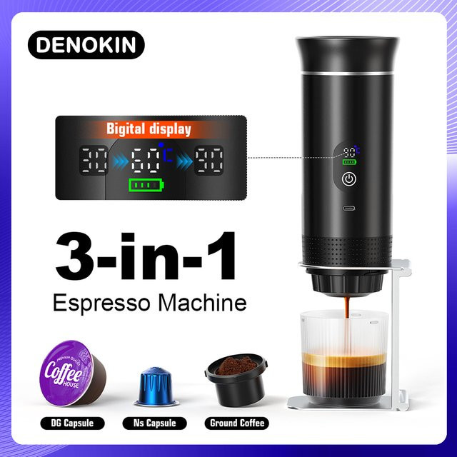 DENOKIN Tragbare Espressomaschine mit Digitalanzeige, 3-in-1-Kapselkaffeemaschine für Auto und Camping, Schwarz - Bild 1