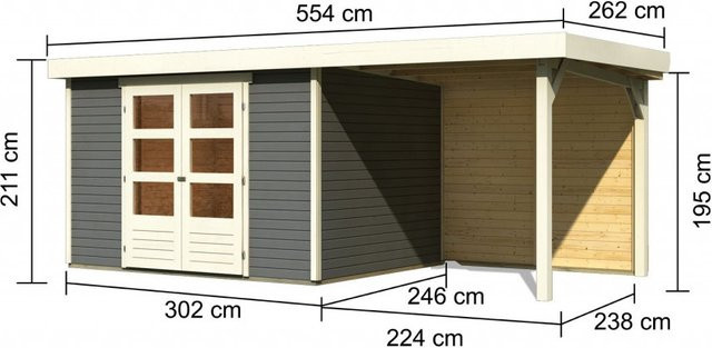 Gartenhaus ASKOLA 5 in Terragrau mit 240 m Anbaudach und Rückwand, Wandstärke: 19 mm, B: 302 cm, T: 246 cm - Bild 1