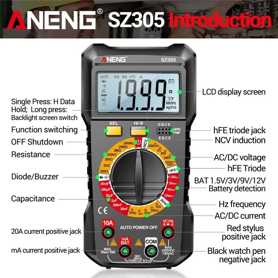 ANENG SZ305 Professionelles Multimeter als AC/DC Spannungsprüfer, Amperemeter, Kapazitätsmesser und HFE-Triodentester mit Hz-Detektor - Bild 6