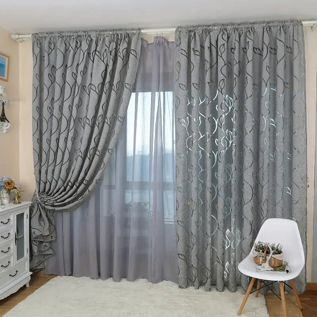 Einlagiger Vorhang mit grauem Schnittblumen-Muster und hohlem Blatt-Design aus Gaze für dein Wohnzimmer oder Büro - Bild 1