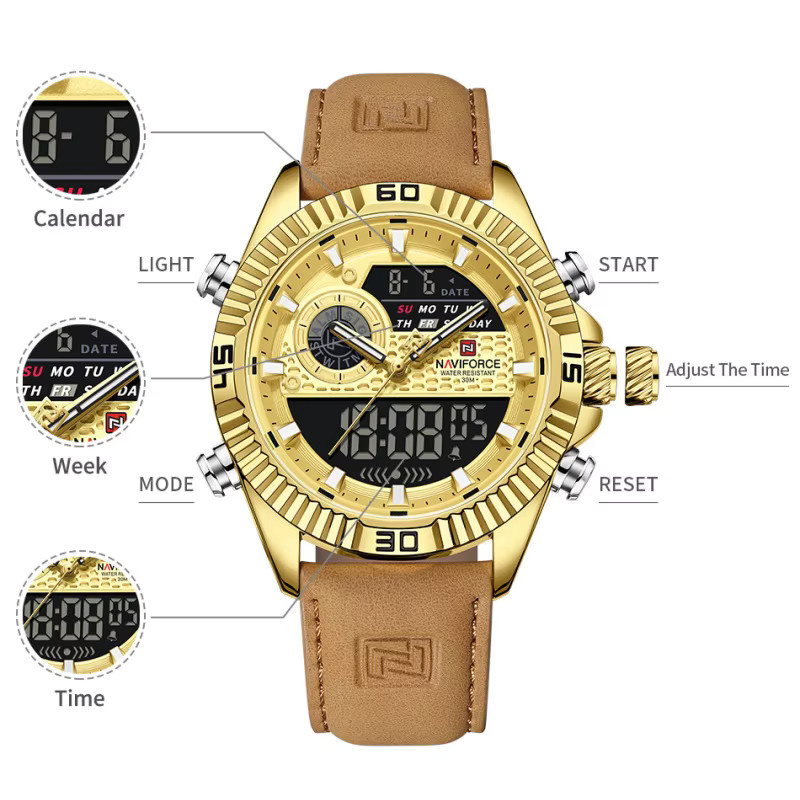 NAVIFORCE Armbanduhr, Herren, Quarz, Chronograph, Gold, Leder, Rund - Bild 4