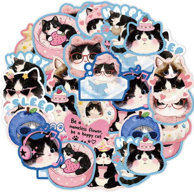 Etori Life Sweet Puff Sticker Set mit niedlichen Cartoon-Katzen in Schwarz, Weiß und Rosa zur Dekoration von Laptop, Handy und Koffer - Bild 1