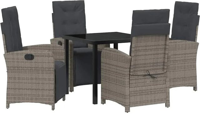 vidaXL Garten Essgruppe 5-teilig aus Poly-Rattan und Glas in Grau, Tisch und Stühle für Garten, Terrasse und Außenbereich, B/T/H: 80 x 80 x 73 cm - Bild 1