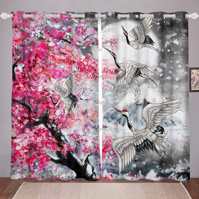 Yiran Furniture Fenster Vorhänge Japanische Landschaft mit rotem Sonnenaufgang und Kran, Traditionelle Tuschemalerei, Polyester, halbtransparent, B: 60 cm x H: 60 cm, 2 Stück - Bild 1