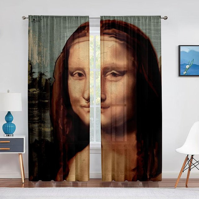 Transparenter Tüllvorhang mit Mona Lisa und Kätzchen Motiv, Chiffon-Cafévorhang für Schlafzimmer und Wohnzimmer, B: 150 cm, H: 250 cm - Bild 1