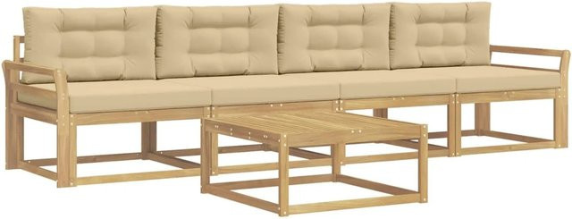 vidaXL Outdoor-Sofagarnitur aus Akazienholz mit 3er-Sofa, Couchtisch und Kissen in Weiß und Beige - Bild 1