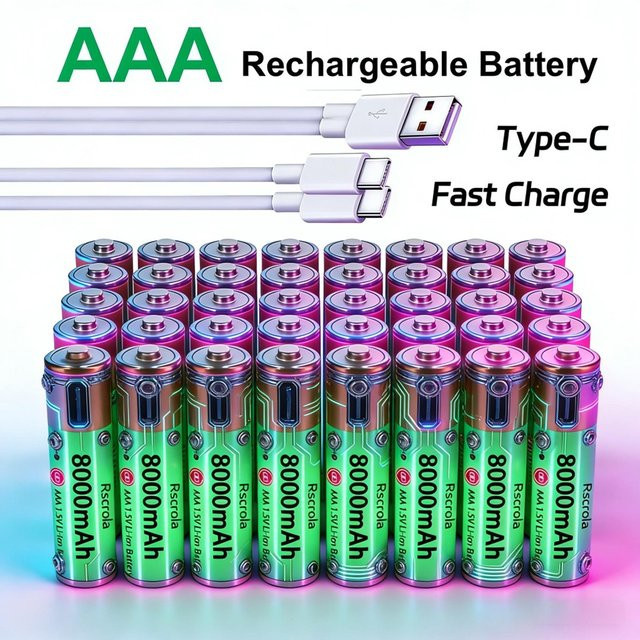 Rscrola AAA Akku 8000mAh Multicolor mit USB-C Ladekabel für Hochstrom-Geräte, Kameras und Fernbedienungen - Bild 1