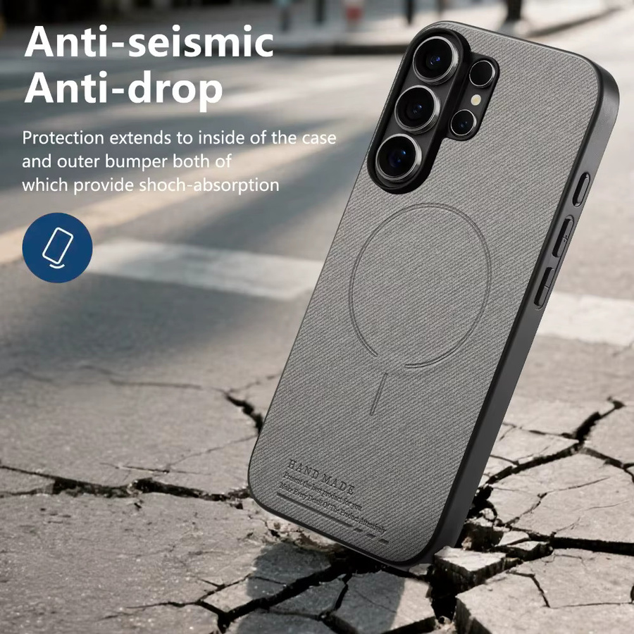 Luxuriöse kabellose Ladehülle mit Mattleder-Panel für Samsung Galaxy S26 Ultra, S25 Edge, S24 FE und S23 Plus mit weichem Rahmenschutz in Grün und Grau - Bild 5