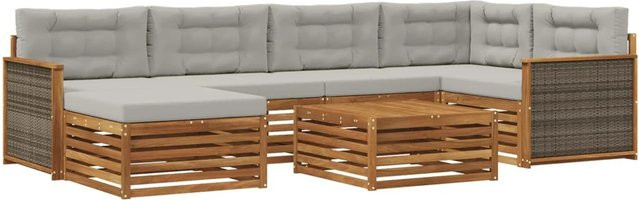 vidaXL Outdoor-Sofagarnitur in L-Form aus Akazienholz mit 7 Kissen, Farbe Natur und Hellgrau - Bild 1