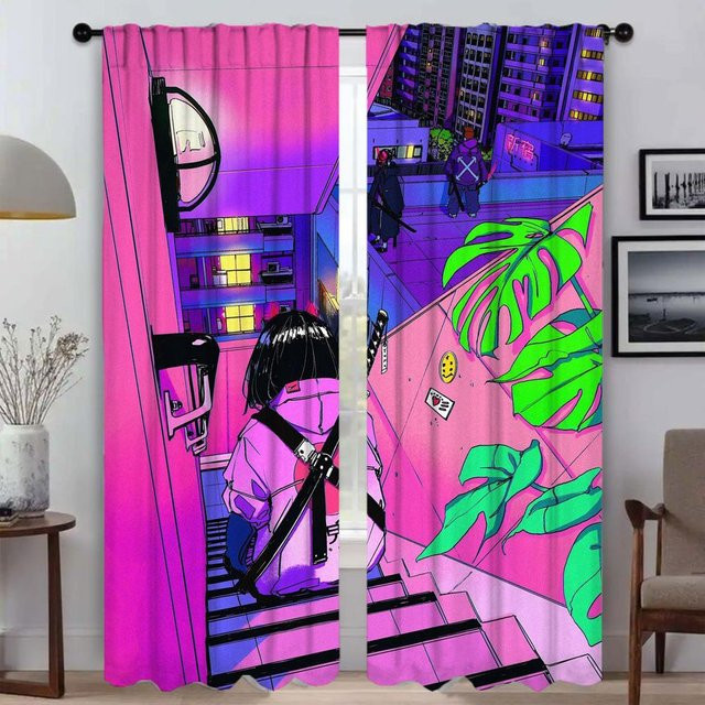 Vaporwave Kybernetische Kunst Verdunkelungsvorhang Set aus 2 Paneelen in Purple, Moderne Grafik Vorhänge für Wohnzimmer und Innenräume, Breite: 50 cm, Höhe: 70 cm pro Stück - Bild 1