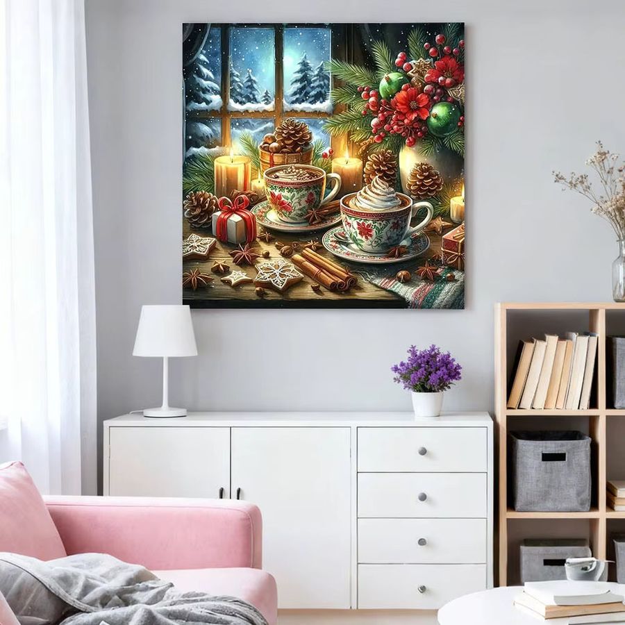 HUACAN Diamantmalerei Wanddeko Weihnachten Kaffeetasse mit runden Bohrern als Winter Mosaik Set - Bild 3