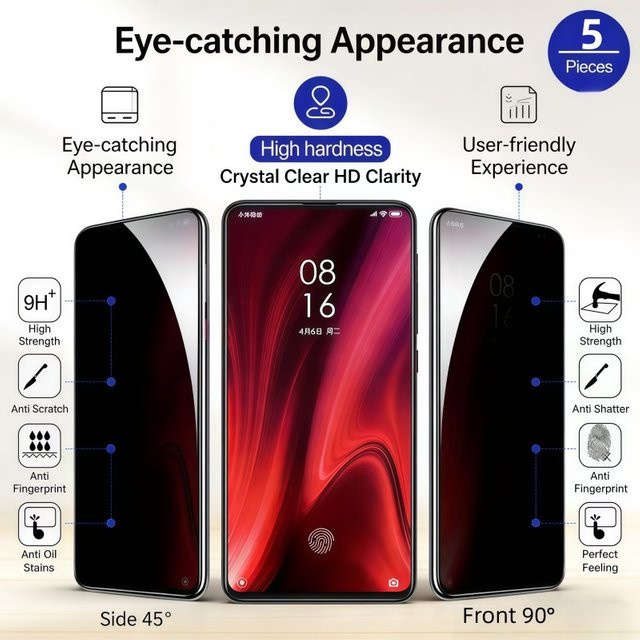 5er Pack Xiaomi Blickschutzfolie Anti-Spy Schutzglas für Redmi Note 13 Pro 12 11 10 9 8 7 Plus 5G und Redmi 10C 9A 9 - Bild 1