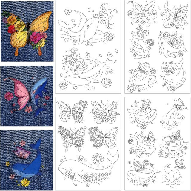 4 Blatt wasserlösliches Stickpapier mit Schmetterlings-Delfin-Blumen-Motiv als klebriger Stabilisator für Stickereien - Bild 1