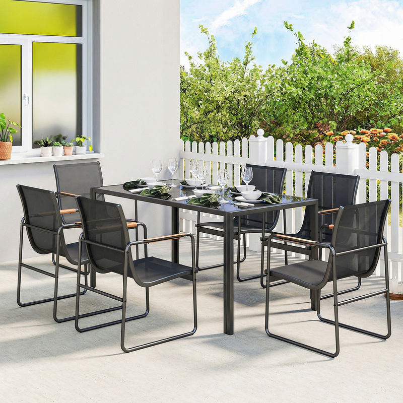 Outsunny Gartenmöbel Set Sitzgruppe mit Glastisch und 6 Stühlen in Schwarz, wetterfeste Gartengarnitur für Garten, Balkon und Terrasse, Tisch B: 150 cm, T: 80 cm - Bild 2