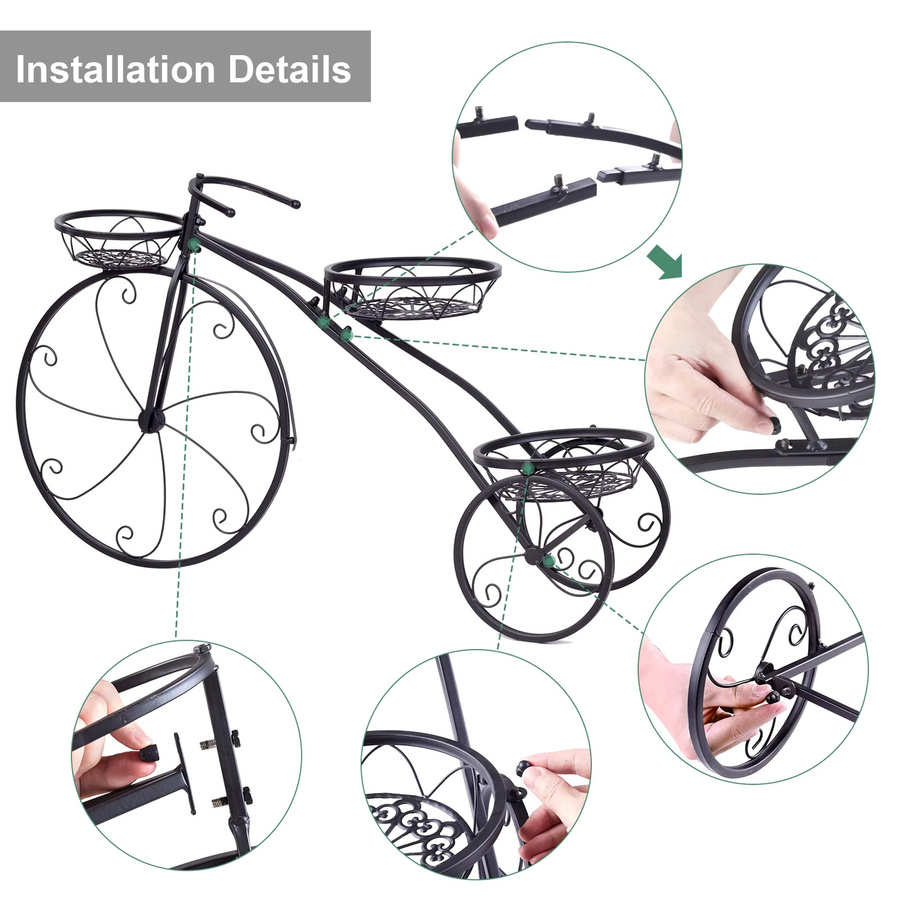 Wisfor 3-stufiger Gartenblumenständer in Fahrradform aus Eisen, Schwarz Matt, Vintage Pflanzenregal für Innen und Außen - Bild 4